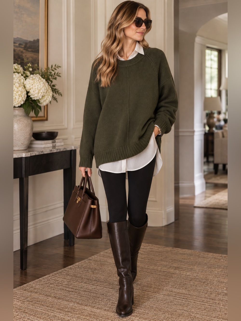 Ralph Lauren Olive Green Knit Sweater with Sheer White Collar and Hem